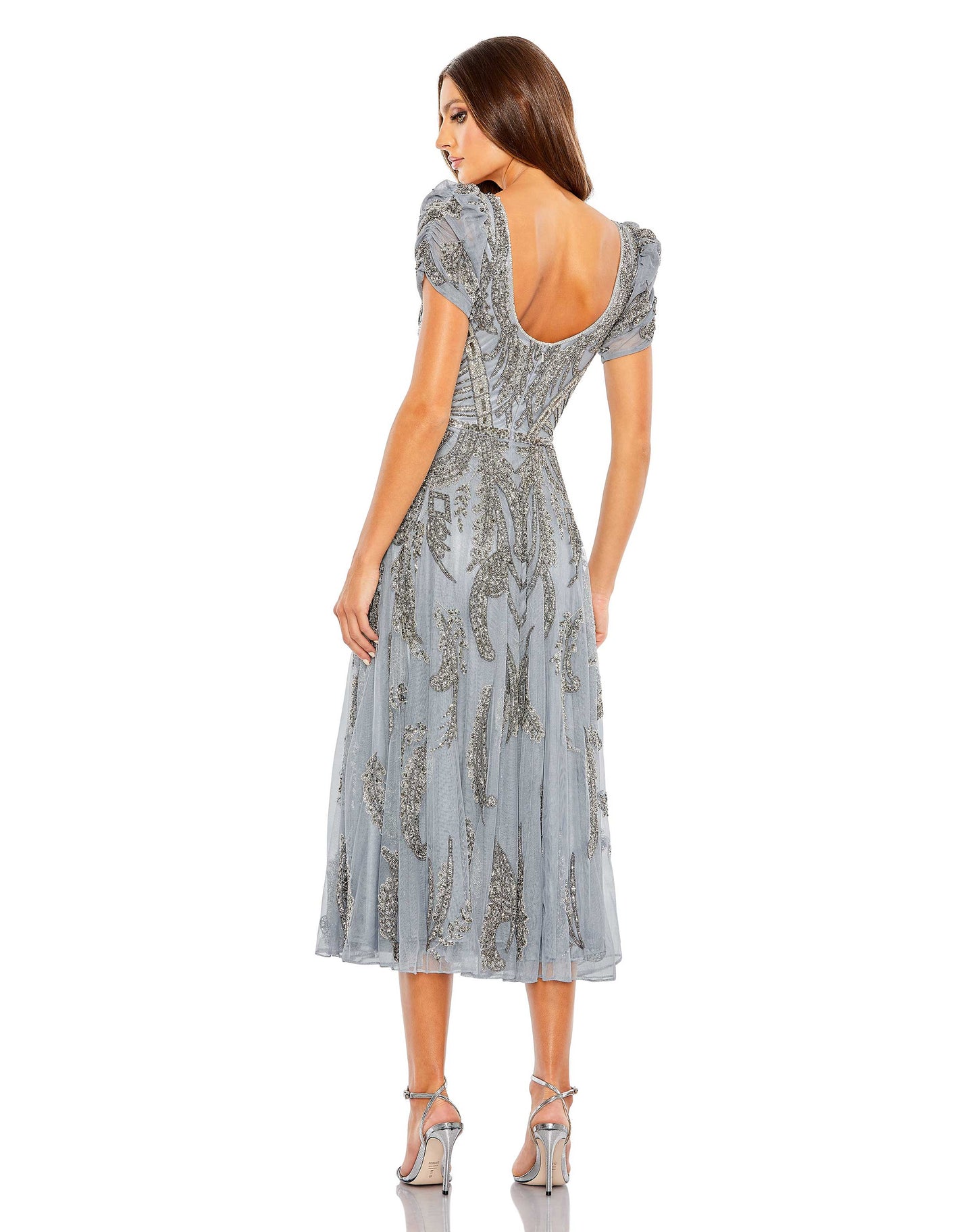 Formal Dresses Beaded A Line Tea Length Dress Silver