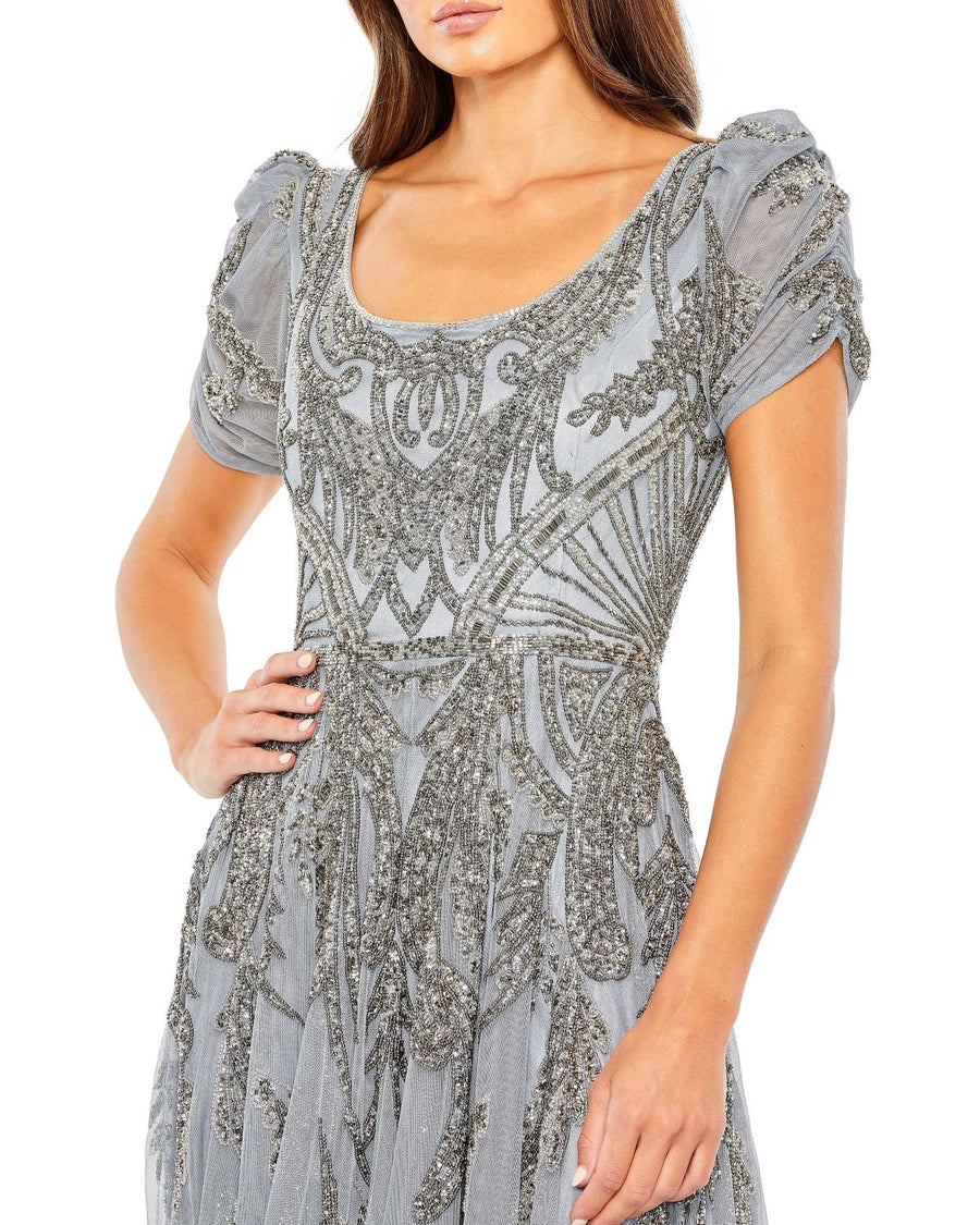 Formal Dresses Beaded A Line Tea Length Dress Silver