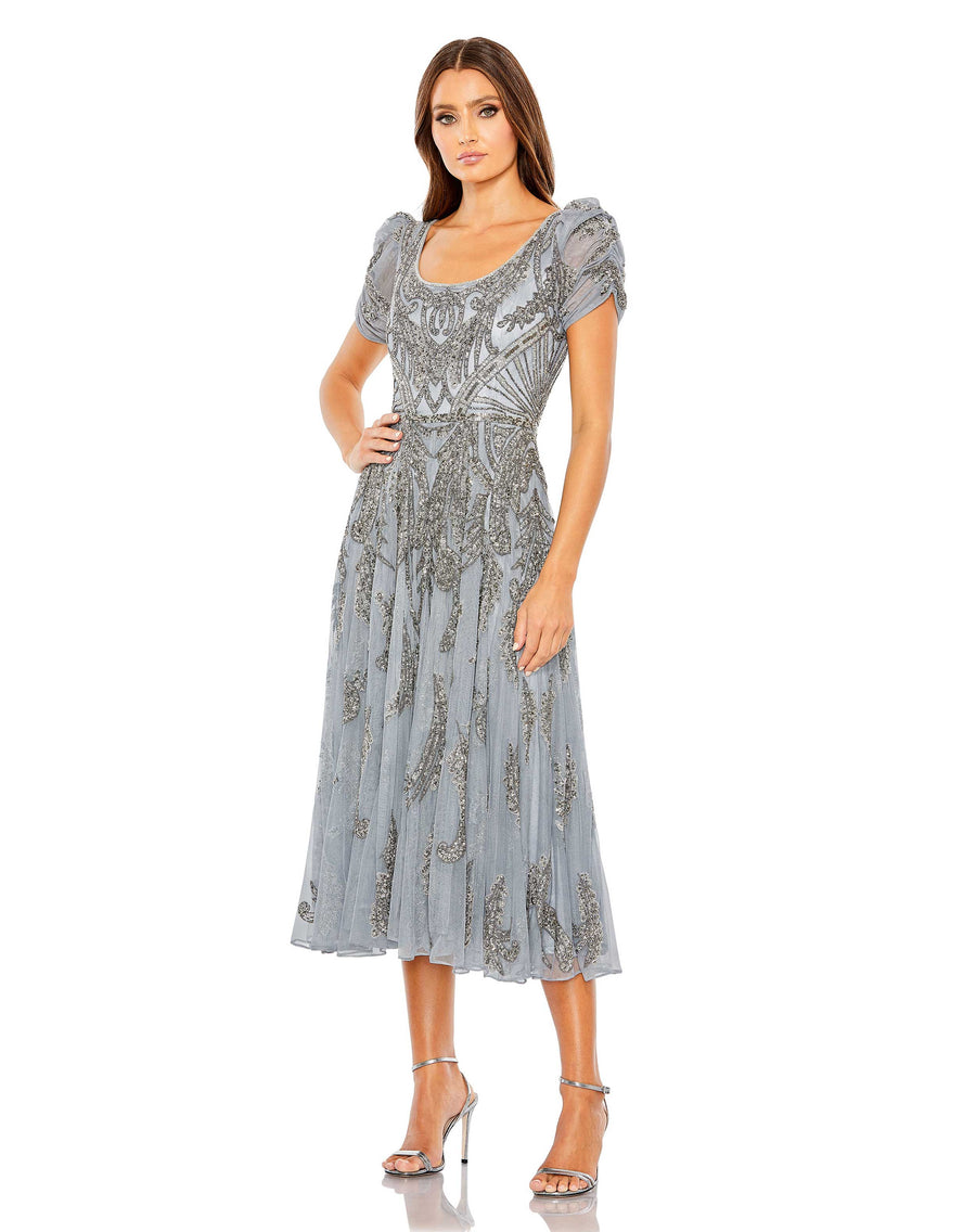 Formal Dresses Beaded A Line Tea Length Dress Silver