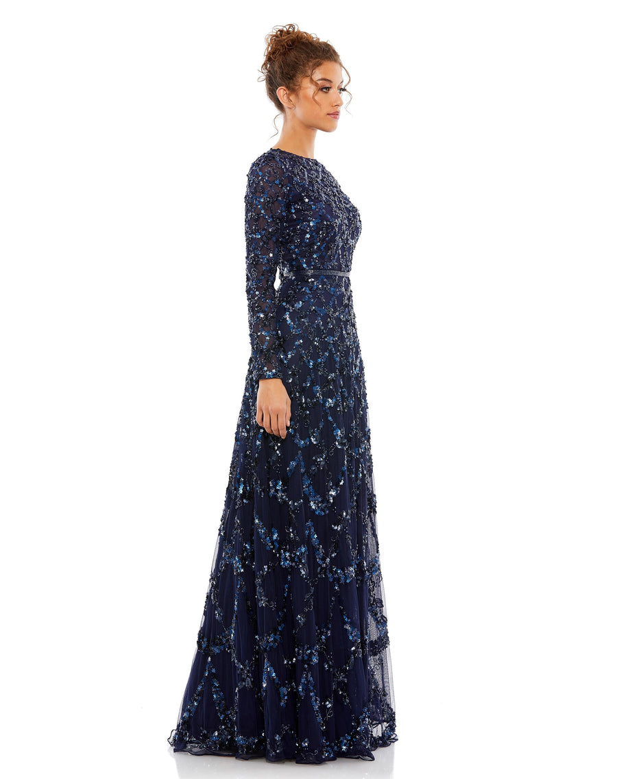 Formal Dresses Long Sleeve Long Formal Beaded Prom Gown Midnight