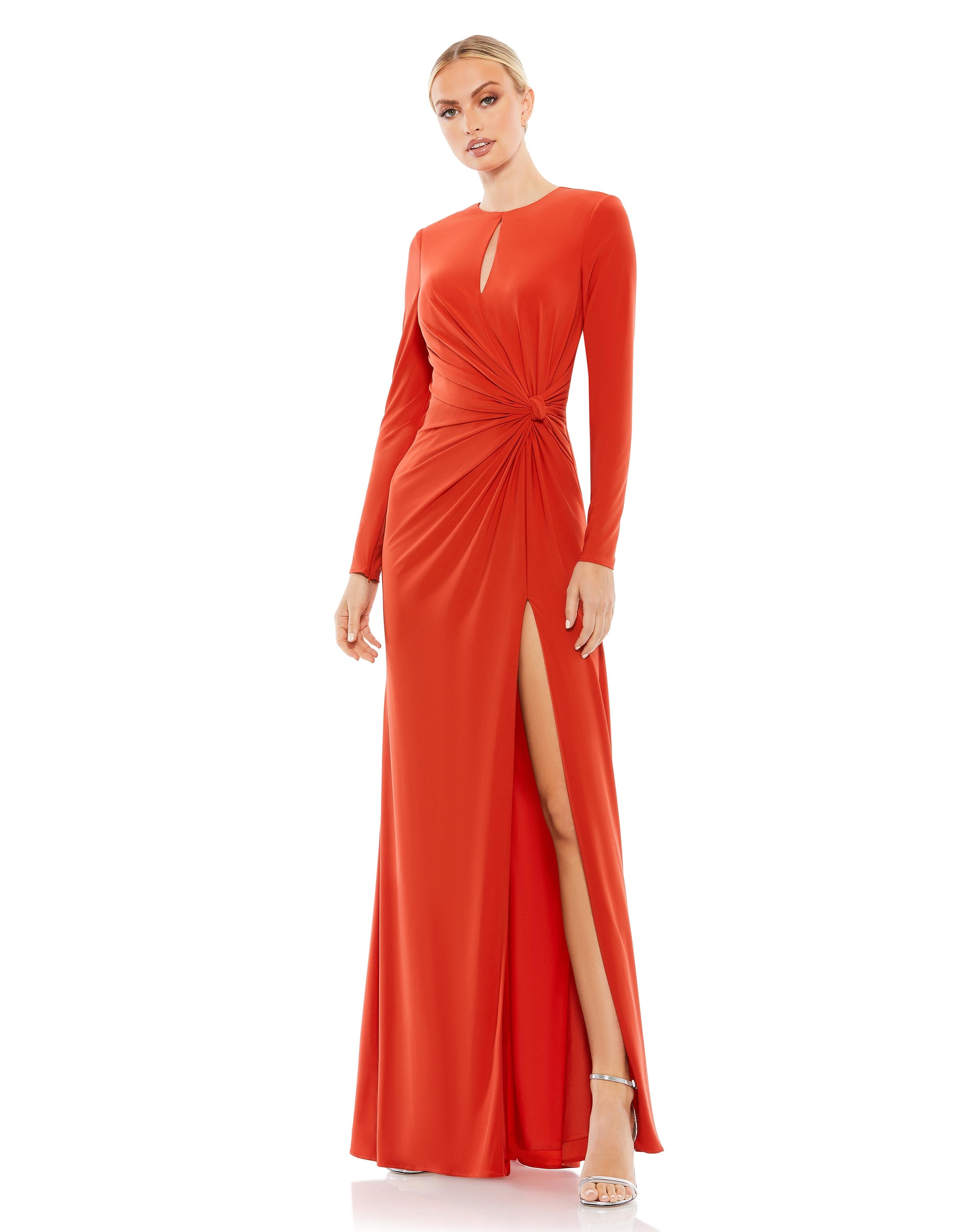 Formal Dresses Long Sleeve Formal Draped Gown Brick Red