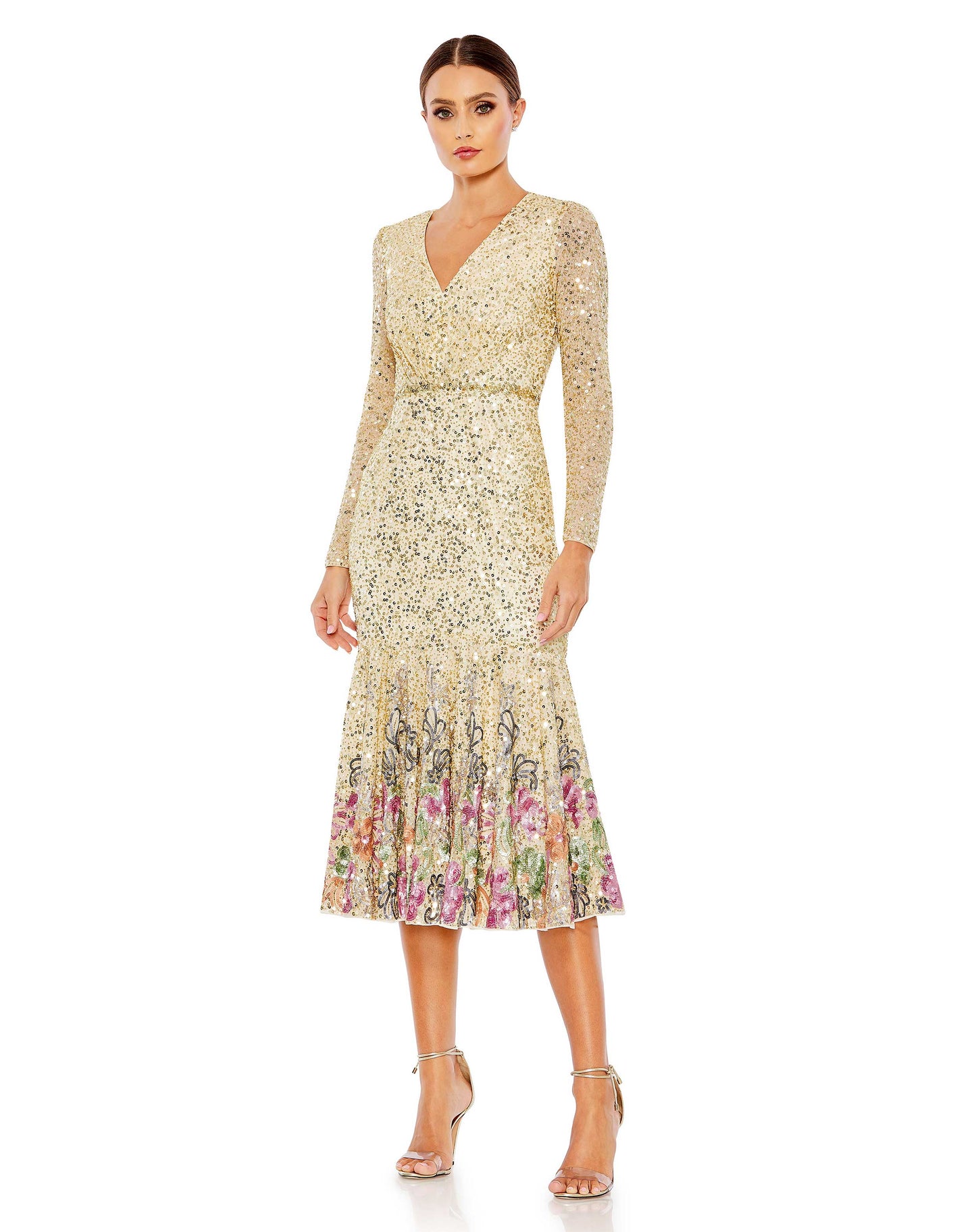 Cocktail Dresses Sequin Long Sleeve Floral Cocktail Midi Dress Gold Multi