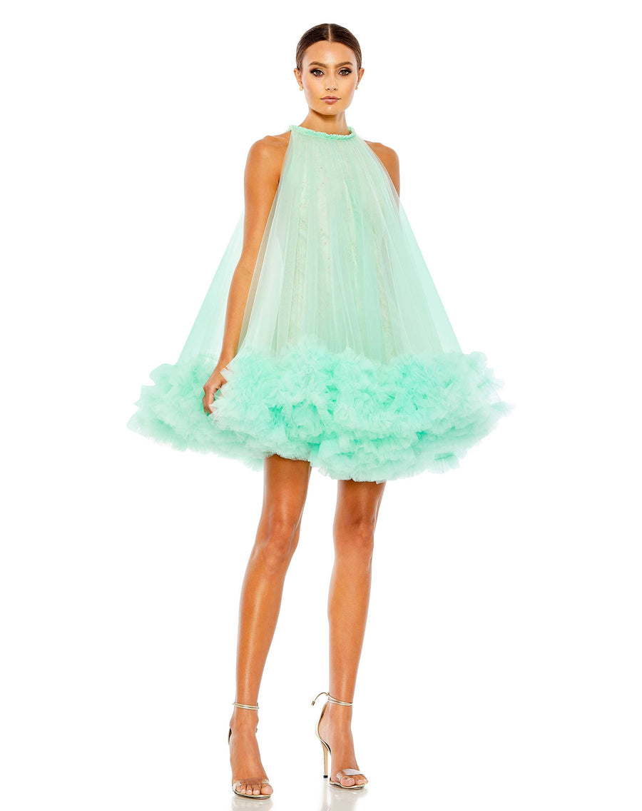 Cocktail Dresses Gathered Ruffle Trim A Line Short Swing Dress Mint