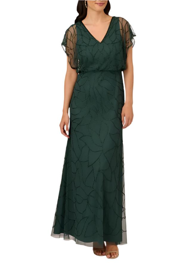 Formal Dresses Long Beaded Blouson Formal Dress DUSTY EMERALD