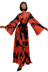 Formal Dresses Pleated Long Sleeve Printed Wrap Belt Dress Black Red