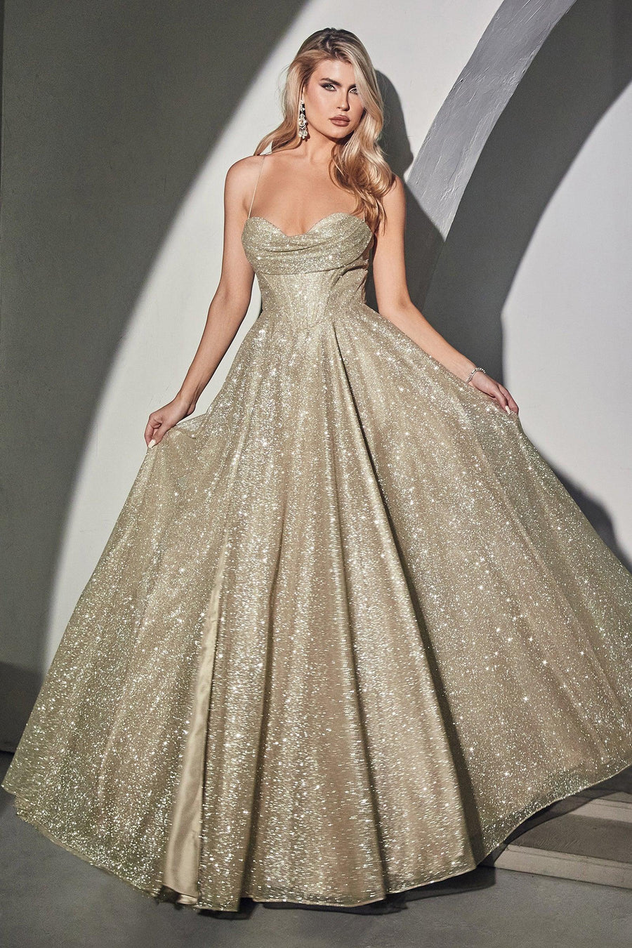 Cinderella Divine CD252C Spaghetti Strap Prom Dress Champagne Gold