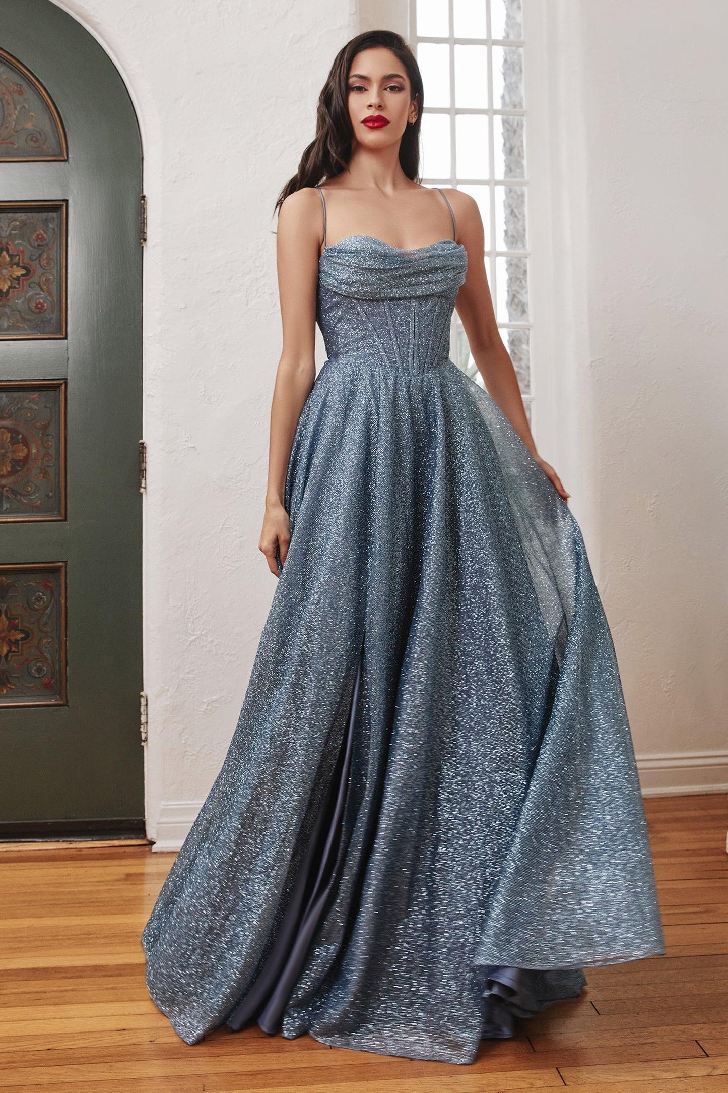 Cinderella Divine CD252 Sparkling Long Evening Prom Gown Smoky Blue