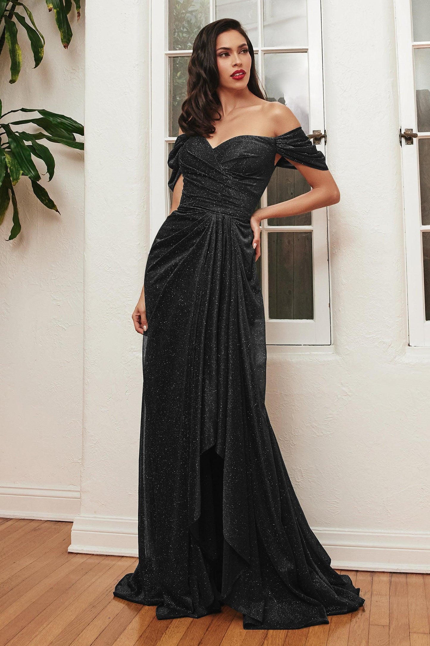 Cinderella Divine CD878 Off Shoulder Long Formal Dress Black