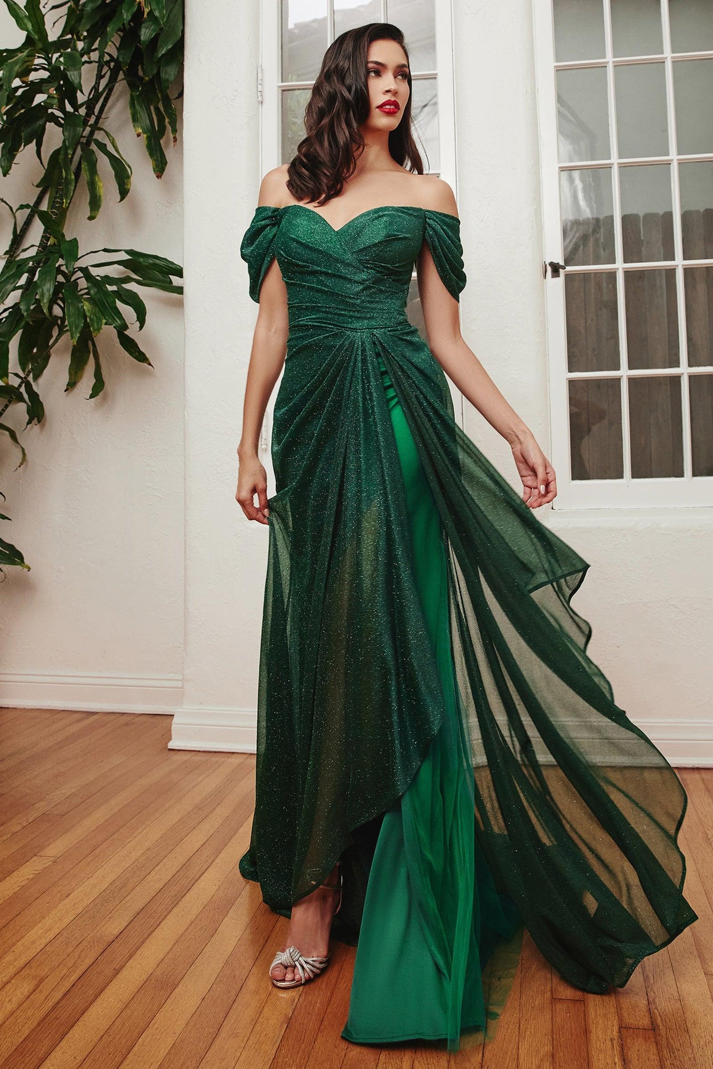 Cinderella Divine CD878 Off Shoulder Long Formal Dress Emerald