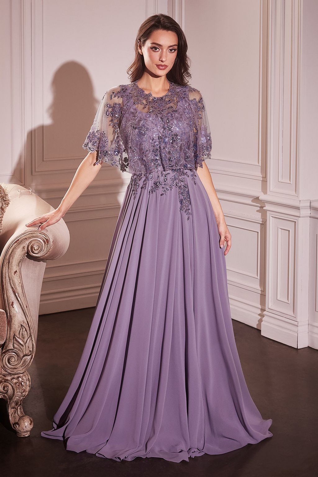 Formal Dresses Long A Line Formal Removable Cape Dress Dusty Lavender