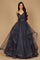 A stunning charcoal long formal ball gown adorned with sparkling embellishments, elegantly flowing to the floor, perfect for a glamorous evening event.