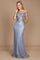 A formal mermaid fitted evening dress in a stunning steel blue hue, featuring a sleek silhouette that elegantly flares at the bottom, showcasing intricate detailing and a sophisticated design.