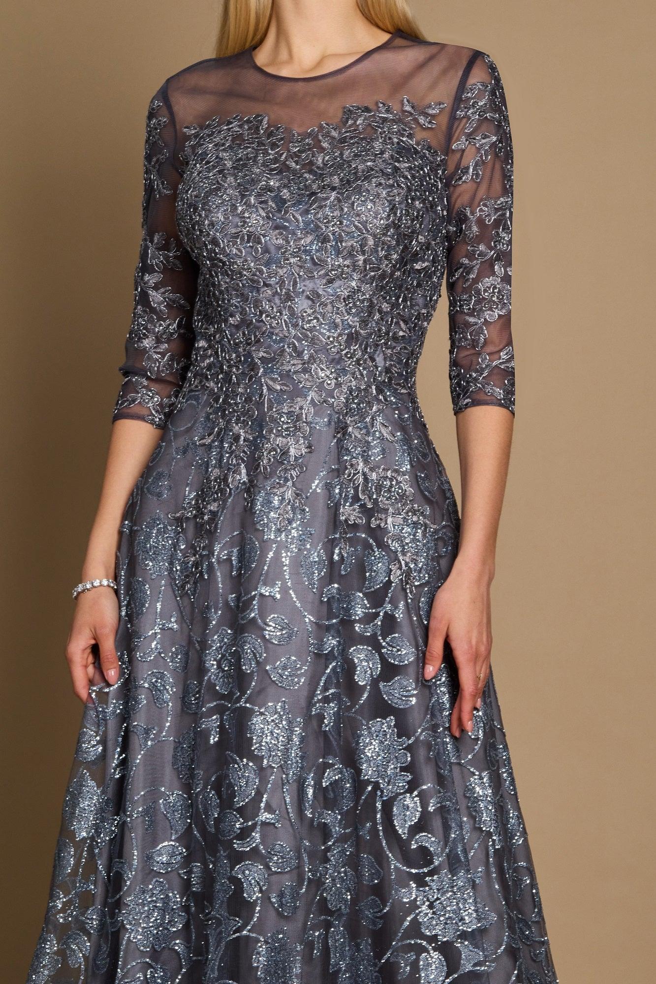 Dylan & Davids Long Formal Lace Evening Dress Charcoal