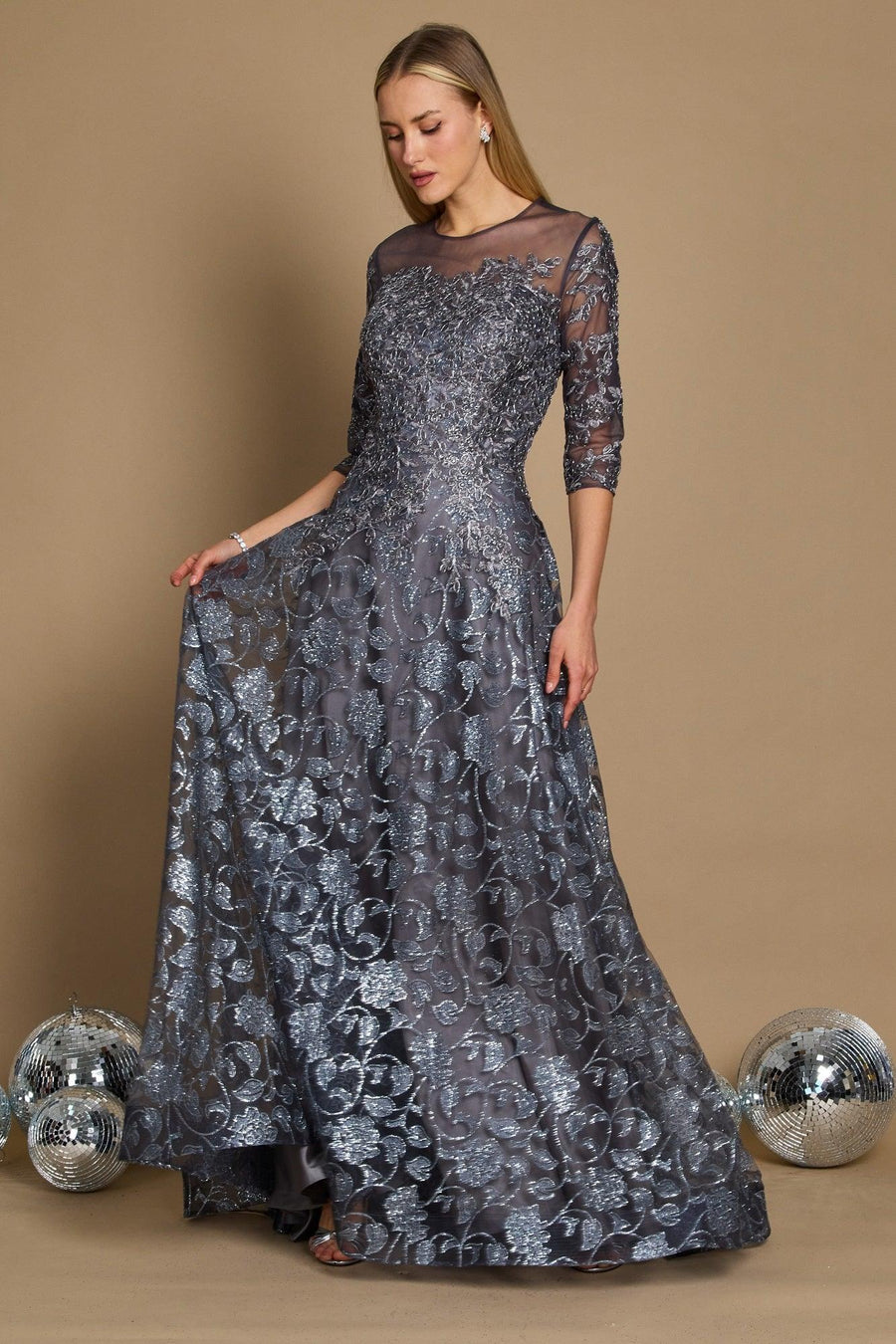 Dylan & Davids Long Formal Lace Evening Dress Charcoal