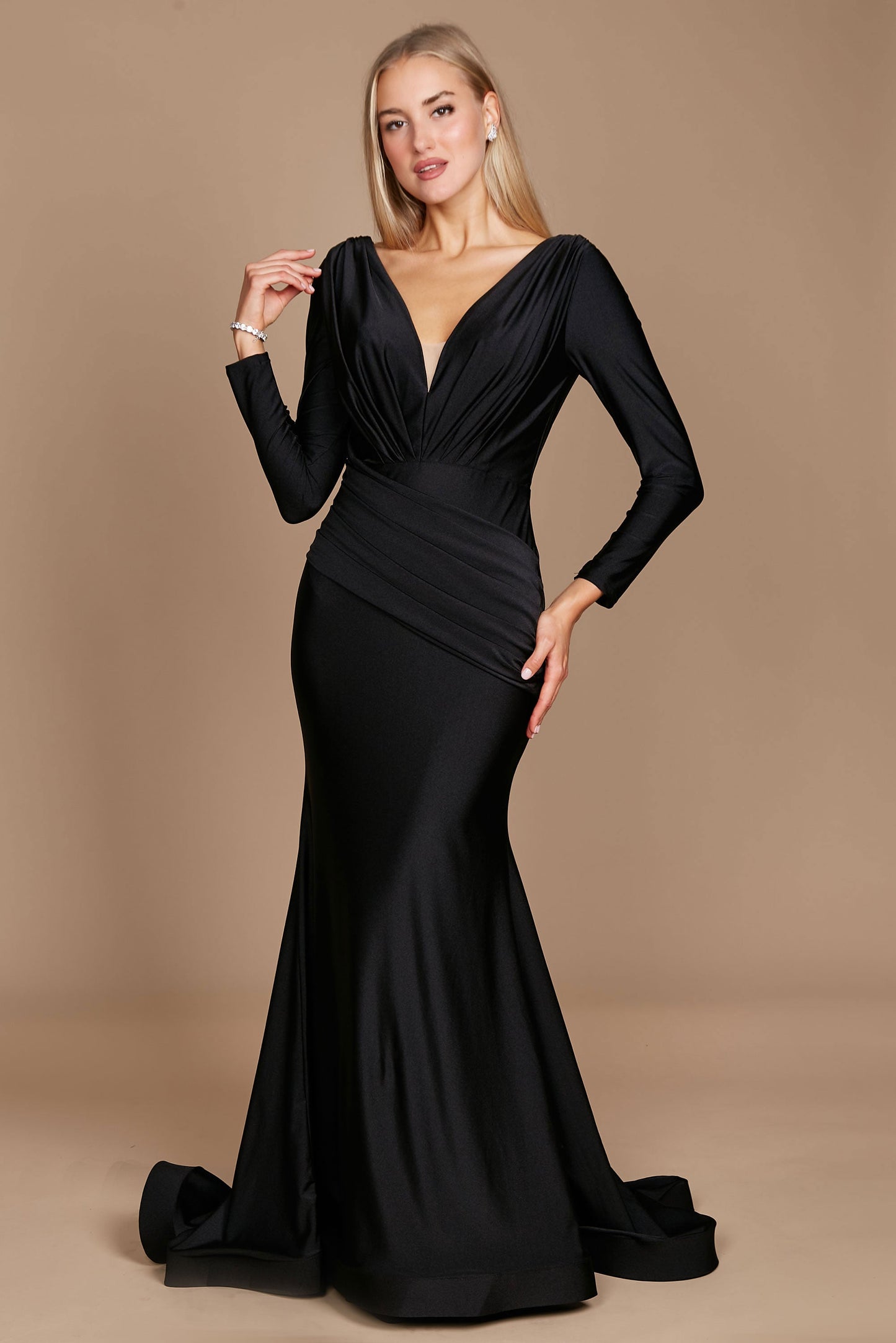 A sleek black long sleeve formal evening dress, elegantly fitted to accentuate the silhouette, featuring a sophisticated neckline and flowing fabric that cascades to the floor.