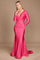 A stunning fuchsia long sleeve formal fitted evening dress, elegantly tailored to accentuate the silhouette, featuring a sophisticated neckline and flowing fabric that cascades gracefully to the floor.