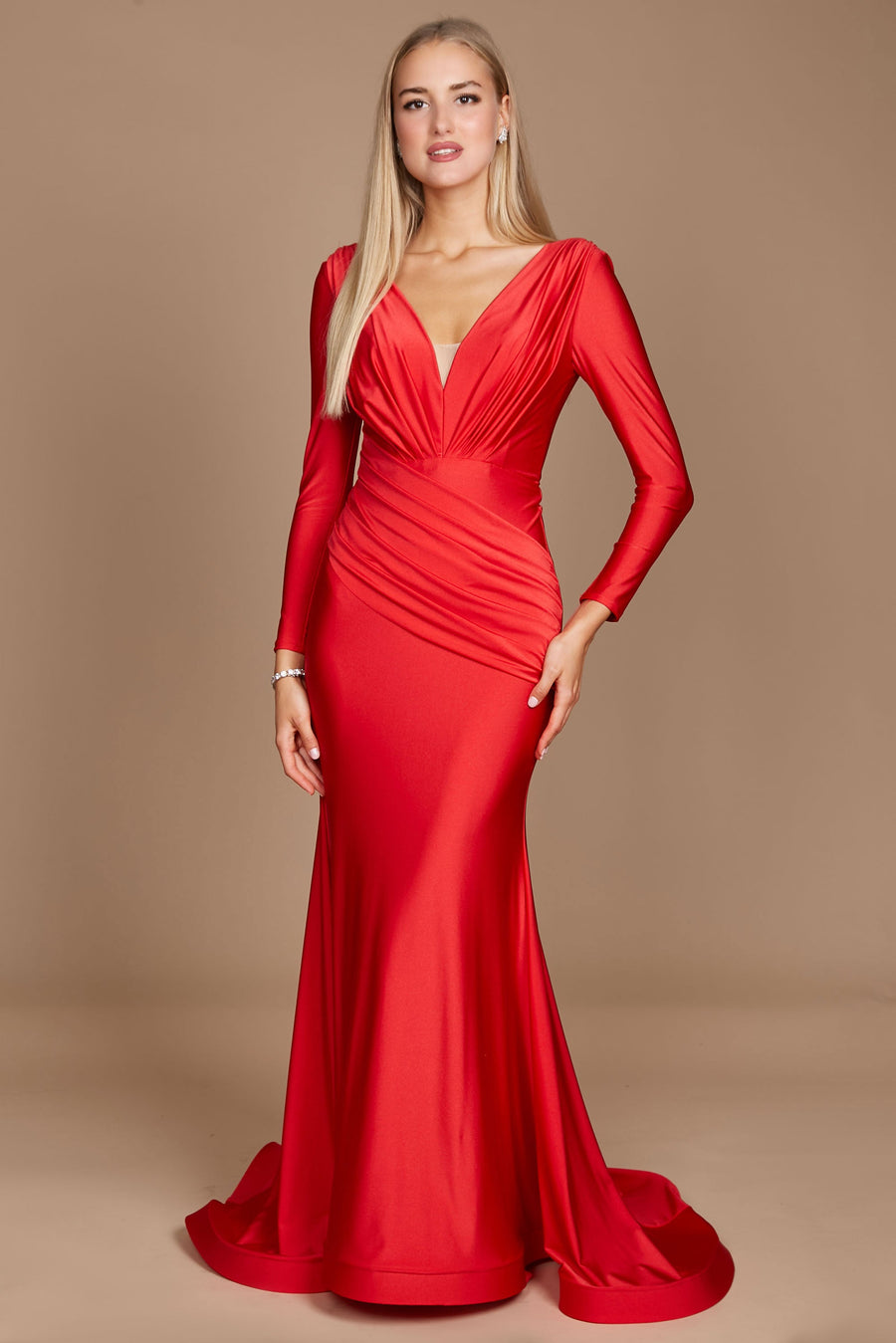 Dylan & Davids Long Sleeve Formal Fitted Evening Dress Red