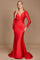 A stunning long sleeve formal fitted evening dress in vibrant red, elegantly tailored to accentuate the silhouette, featuring a sophisticated neckline and flowing fabric that cascades gracefully to the floor.