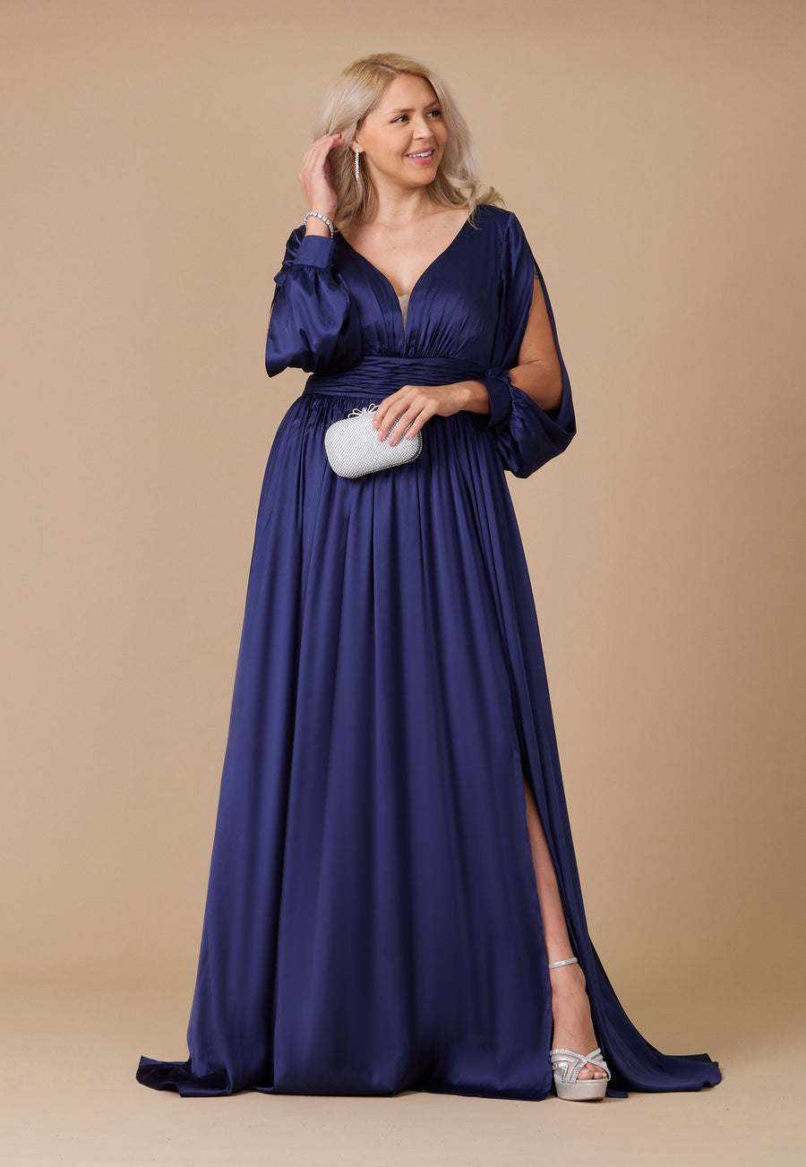 Formal Dresses Long Open Sleeve Satin Formal Dress Navy