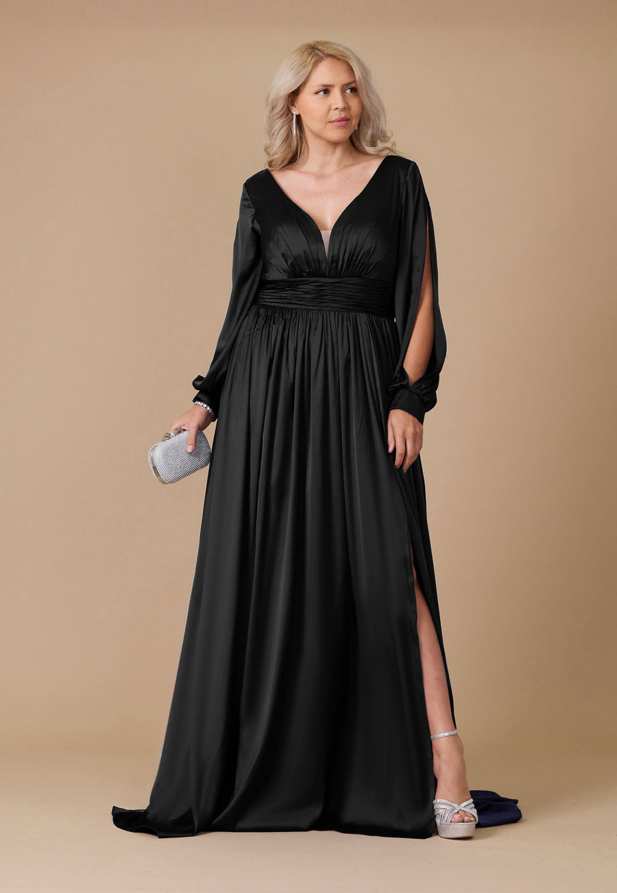 Formal Dresses Long Open Sleeve Satin Formal Evening Dress Black