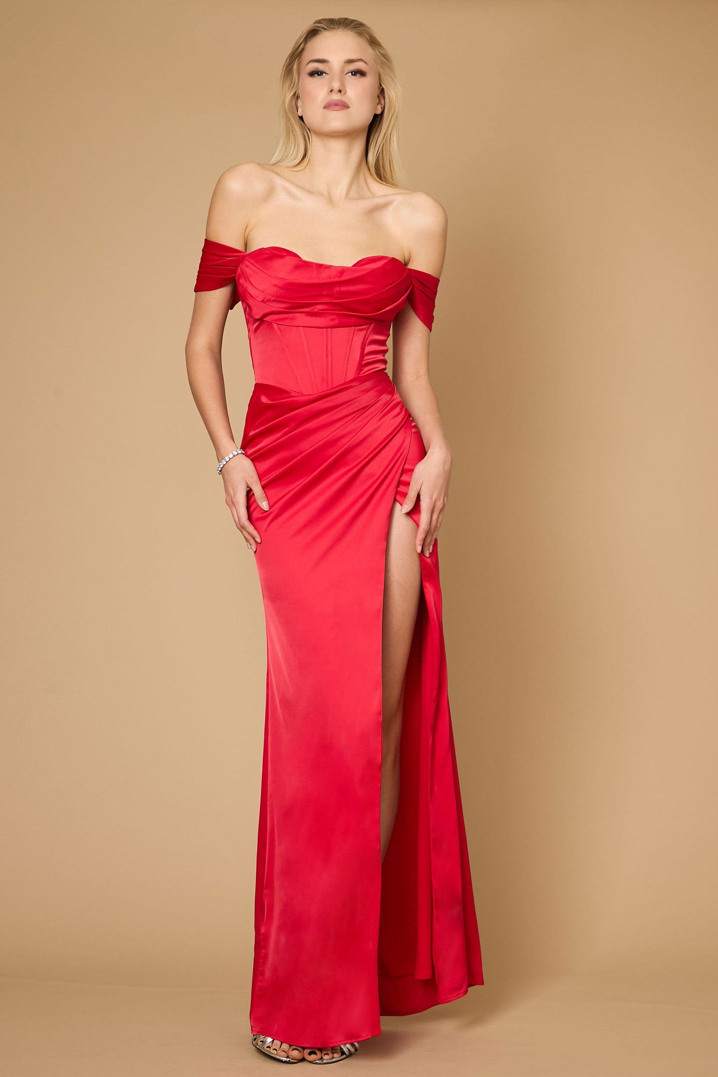 A stunning long formal corset satin evening dress in vibrant red, featuring a fitted bodice with intricate corset detailing and a flowing skirt that elegantly cascades to the floor, perfect for formal occasions.