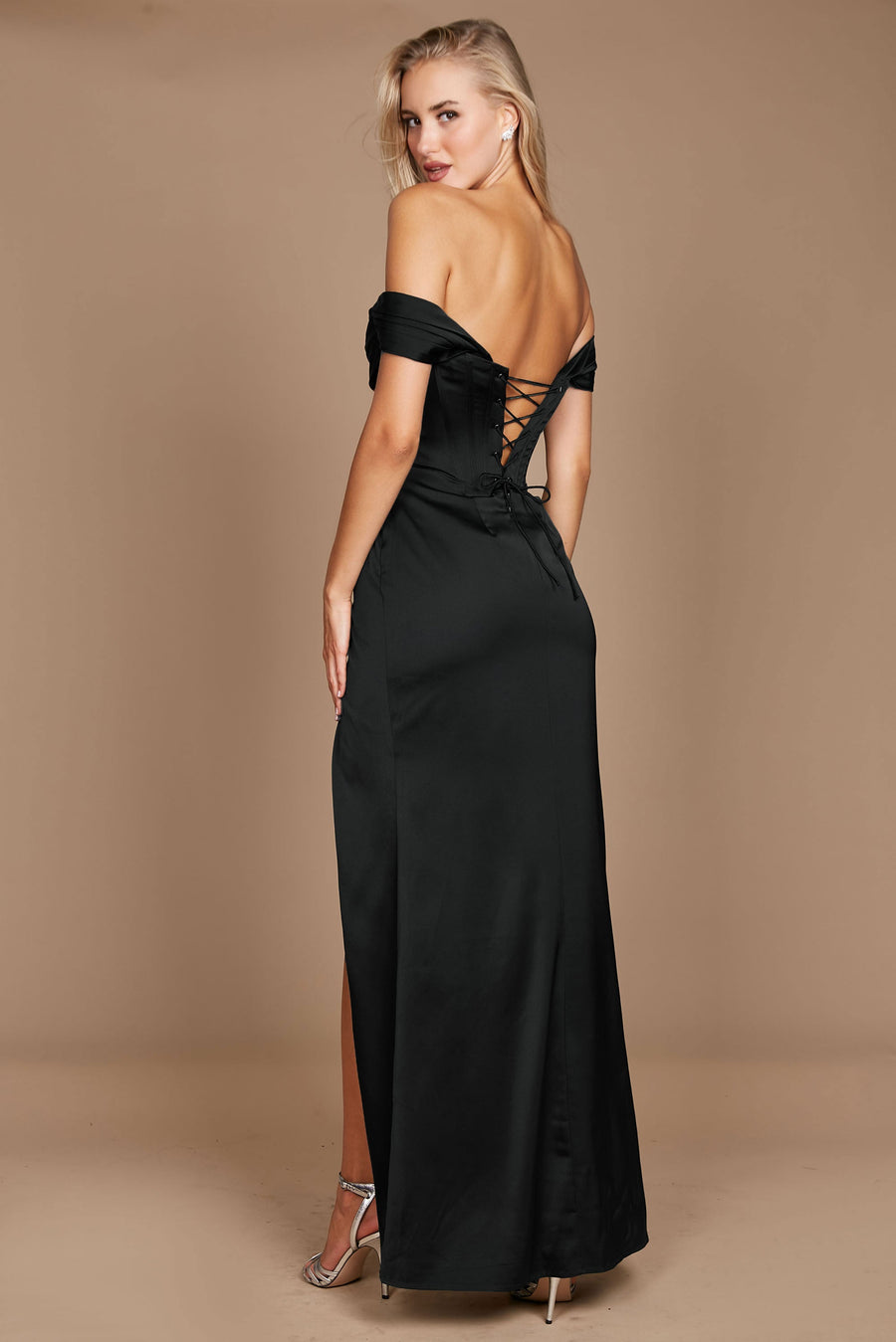 A sleek black satin corset evening dress, featuring a fitted bodice and flowing skirt, elegantly draping to the floor, perfect for formal occasions.