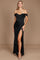 A sleek black satin corset evening dress, featuring a fitted bodice and flowing skirt, elegantly draping to the floor, perfect for formal occasions.