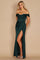 Elegant emerald satin corset evening dress, featuring a fitted bodice and flowing skirt, perfect for formal occasions.