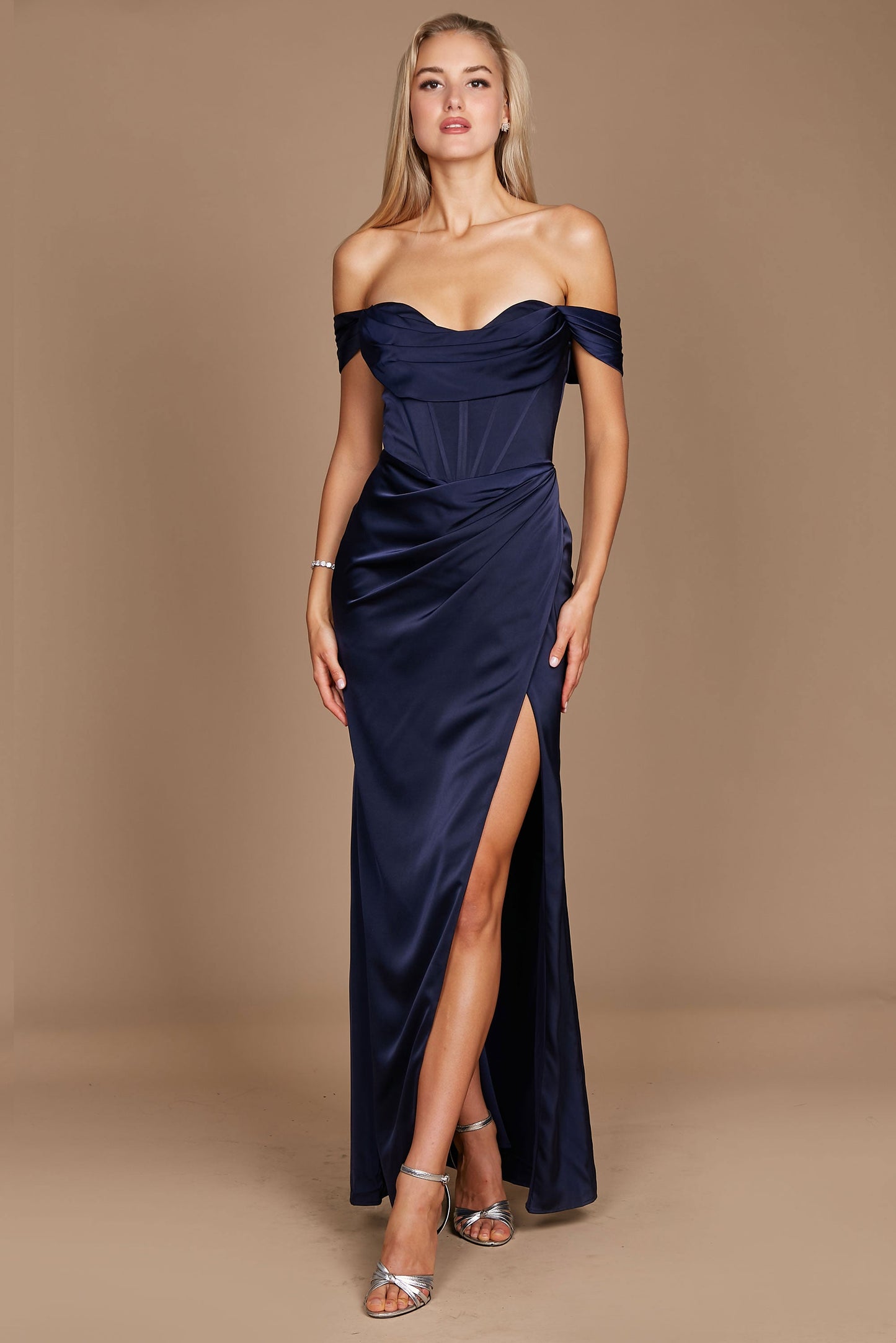 A stunning navy satin corset evening dress, featuring a fitted bodice and flowing skirt, perfect for formal occasions.