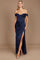 A stunning navy satin corset evening dress, featuring a fitted bodice and flowing skirt, perfect for formal occasions.