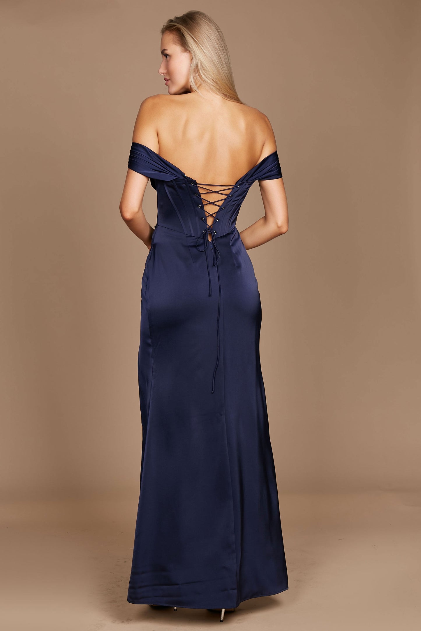 A stunning navy satin corset evening dress, featuring a fitted bodice and flowing skirt, perfect for formal occasions.