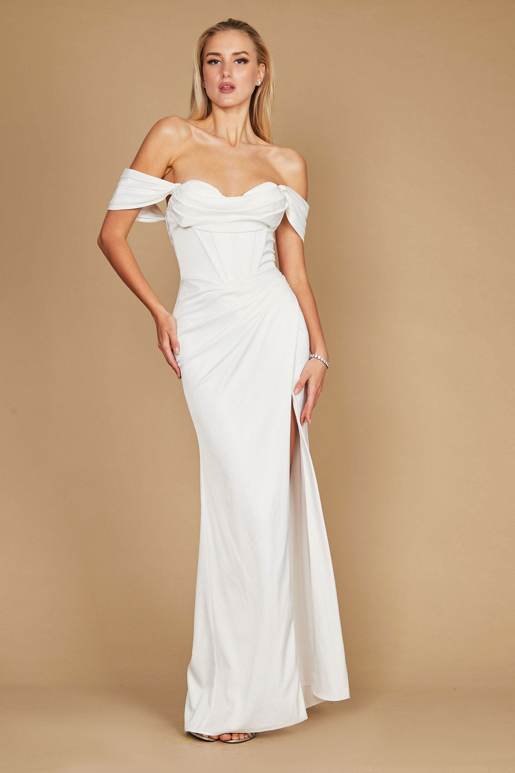 A stunning off-white satin evening dress featuring a long formal corset design, elegantly tailored to accentuate the waist and create a sophisticated silhouette.