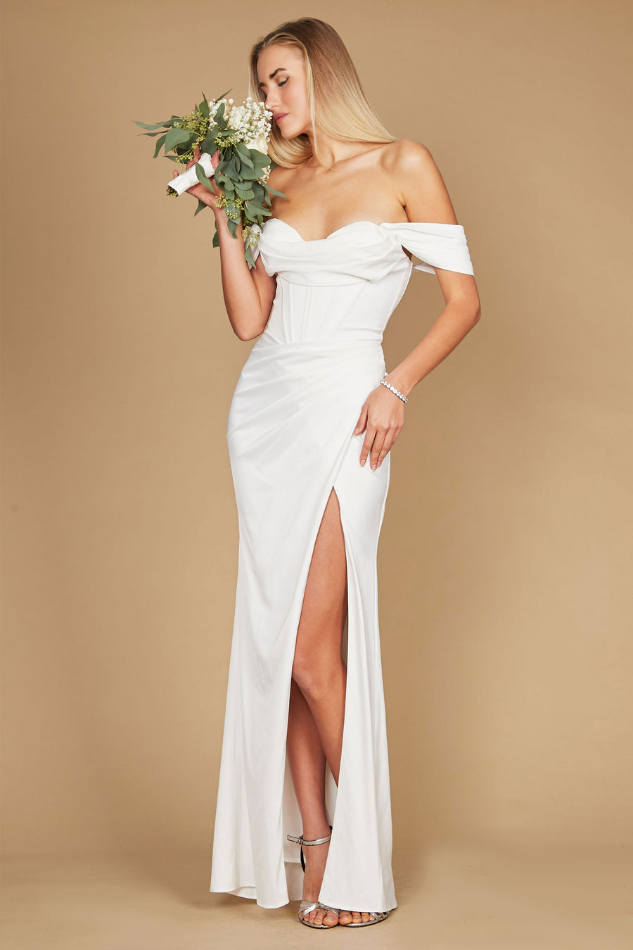 Long Corset Satin Wedding Dress Off White