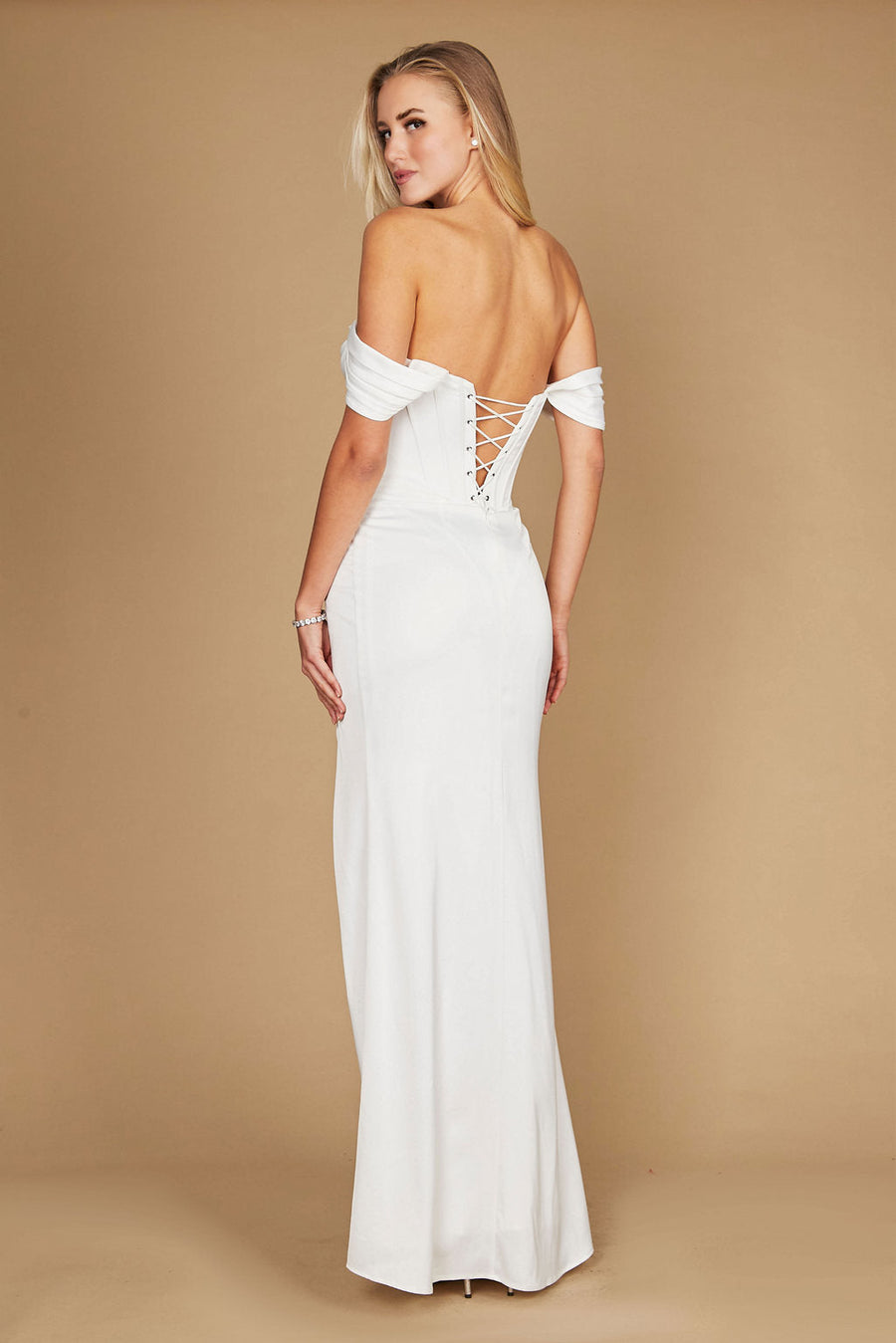 A stunning off-white satin evening dress featuring a long formal corset design, elegantly tailored to accentuate the waist and create a sophisticated silhouette.