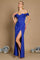 A stunning royal blue satin corset evening dress, featuring a fitted bodice and flowing skirt, perfect for formal occasions.