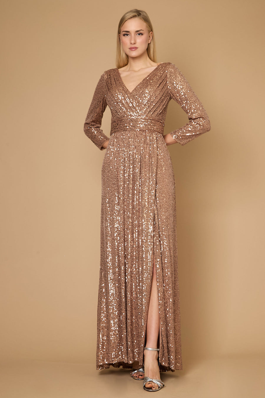 Dylan & Davids Long Sleeve Sequin Formal Beaded Dress Bronze