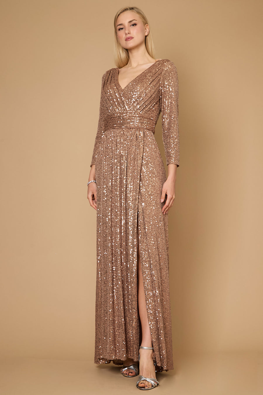 Formal Dresses Long Sleeve Sequin Formal Beaded Dress Bronze