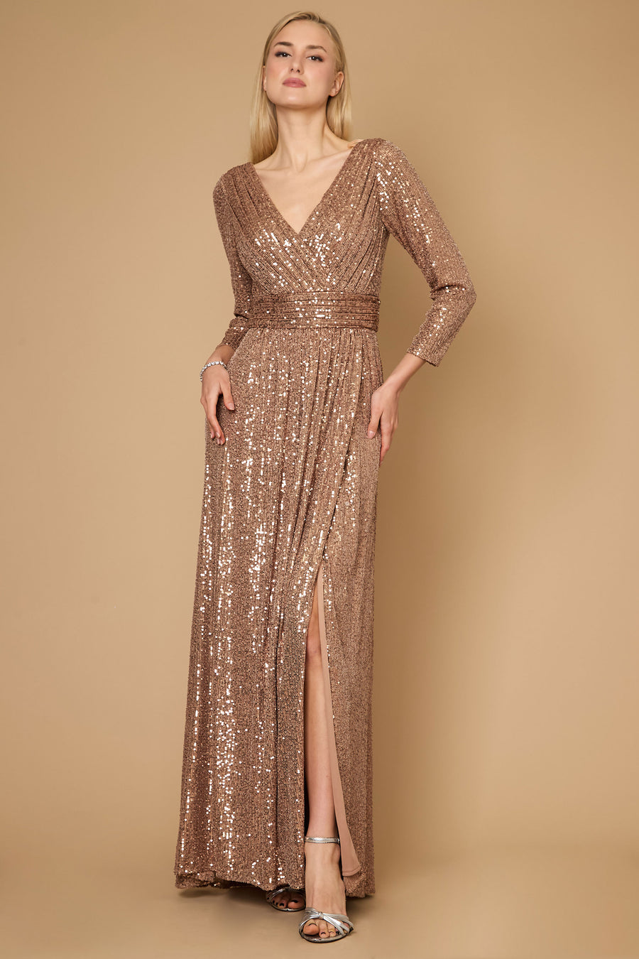 Formal Dresses Long Sleeve Sequin Formal Beaded Dress Bronze