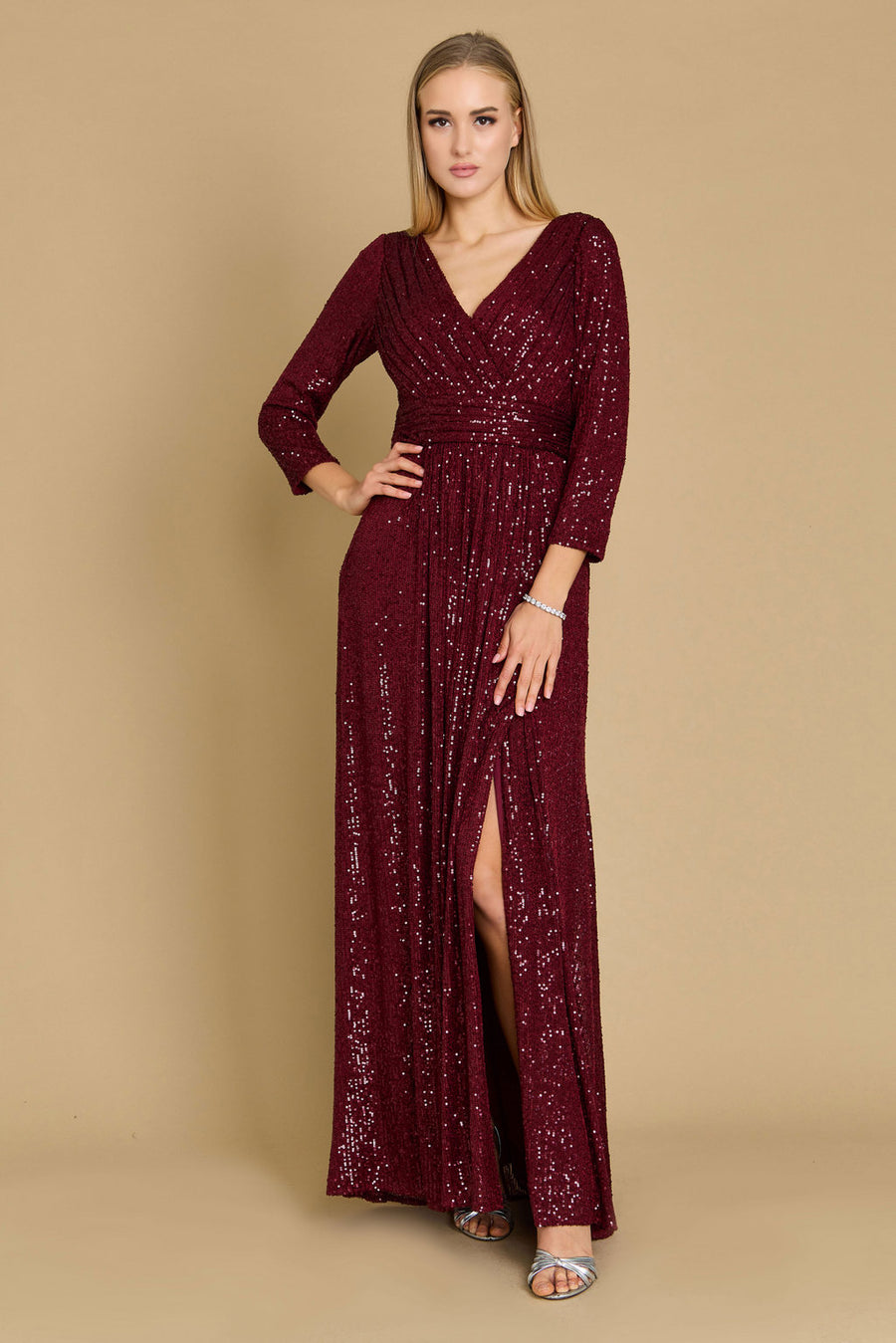 Formal Dresses Long Sleeve Sequin Formal Beaded Dress Burgundy