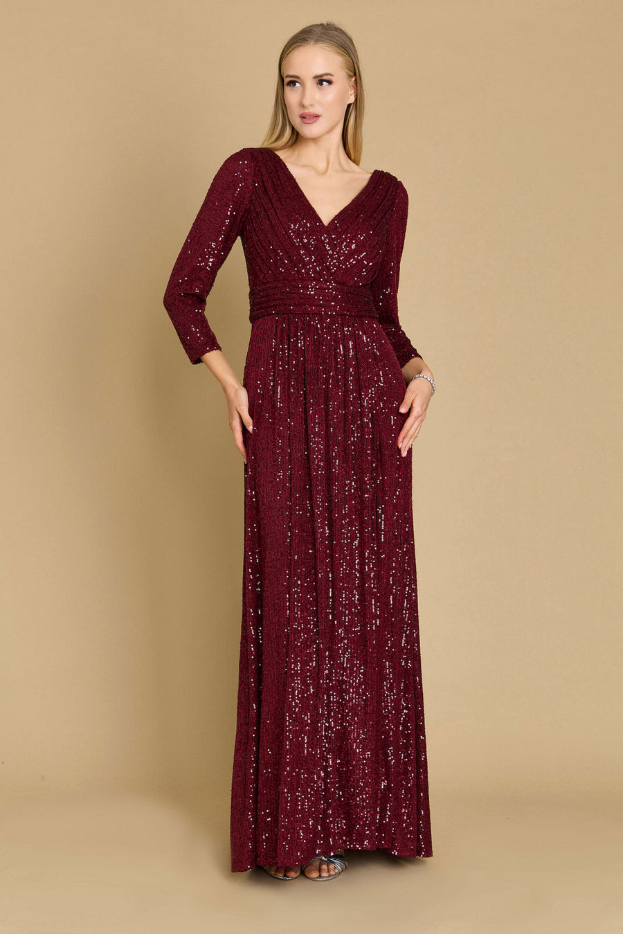 Dylan & Davids Long Sleeve Sequin Formal Beaded Dress Burgundy