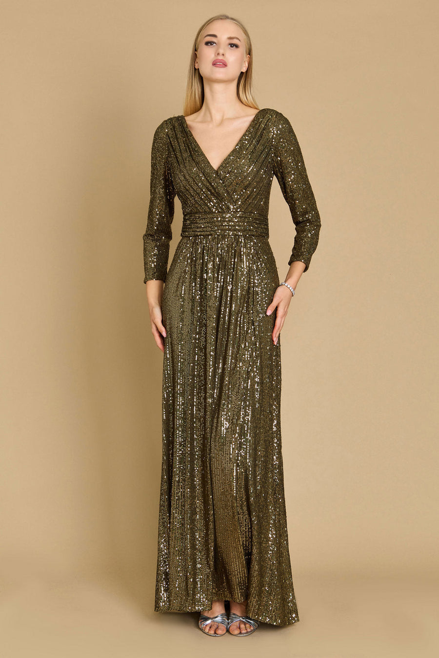 Dylan & Davids Long Sleeve Sequin Formal Beaded Dress Olive