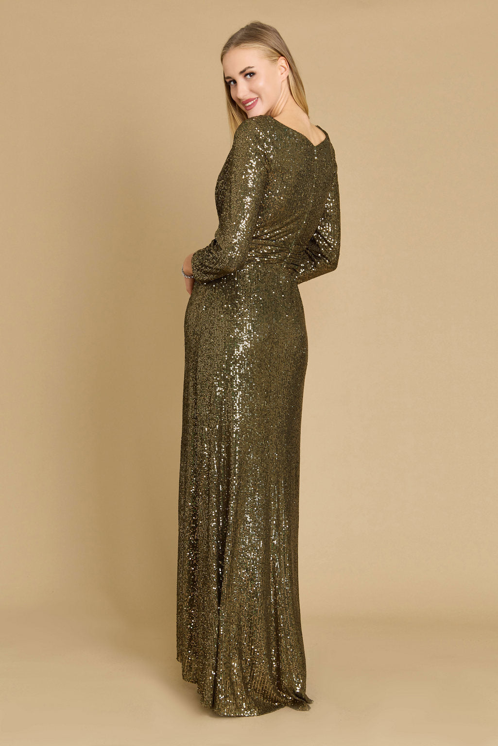 A stunning long sleeve formal dress in olive green, adorned with intricate hand-beaded sequins that shimmer elegantly, perfect for special occasions.