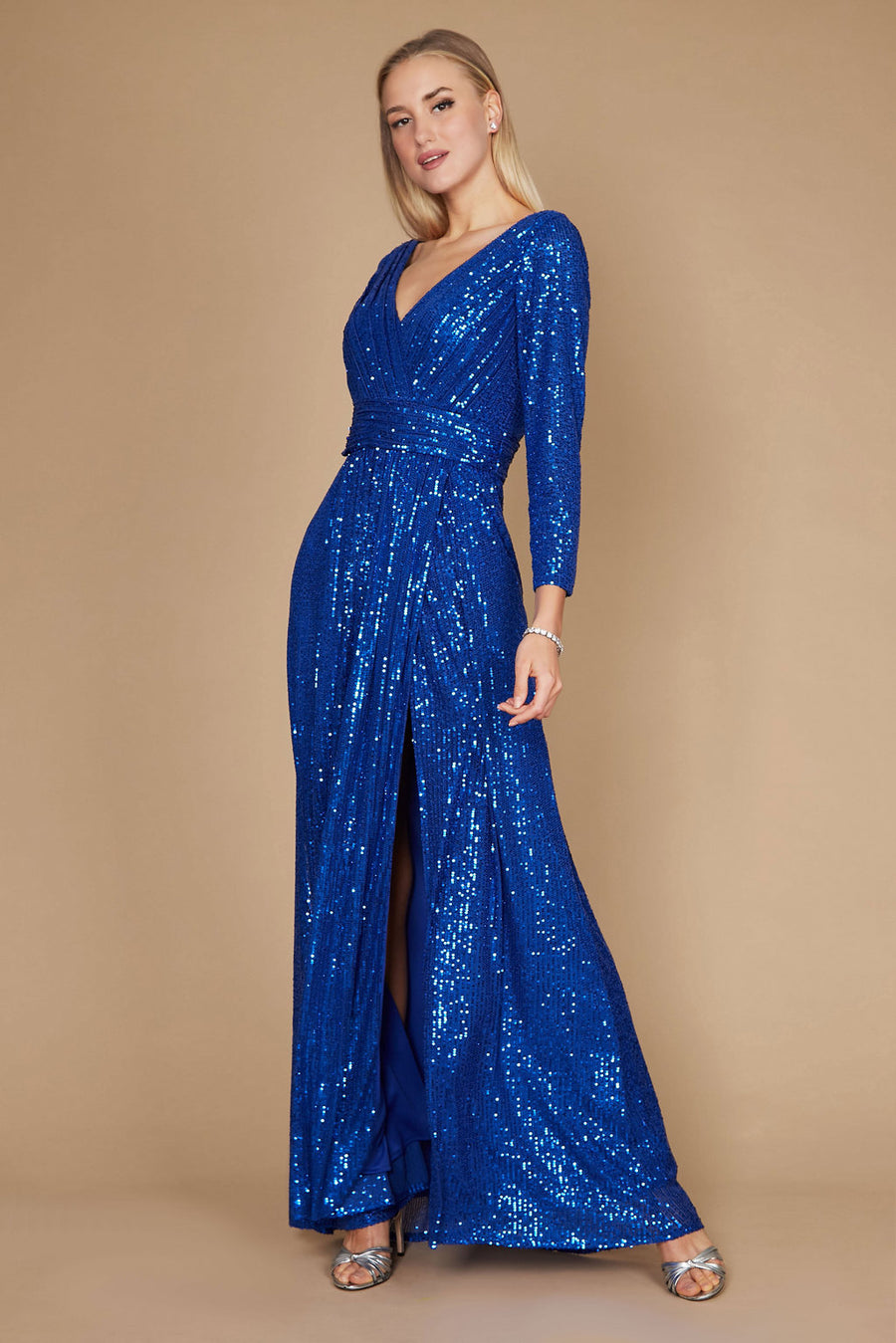 Formal Dresses Long Sleeve Sequin Formal Beaded Dress Royal Blue