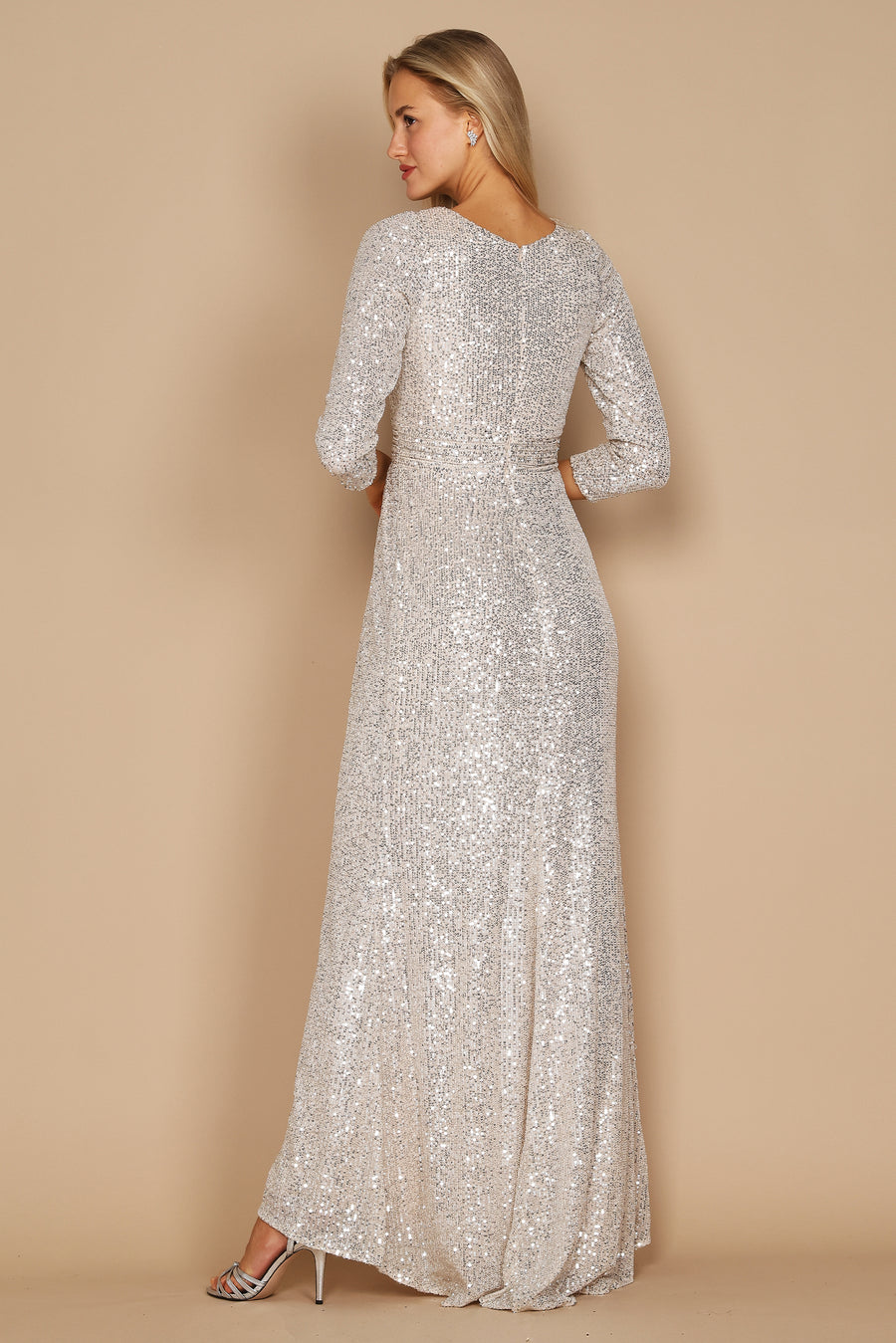 Formal Dresses Long Sleeve Sequin Formal Beaded Dress Silver