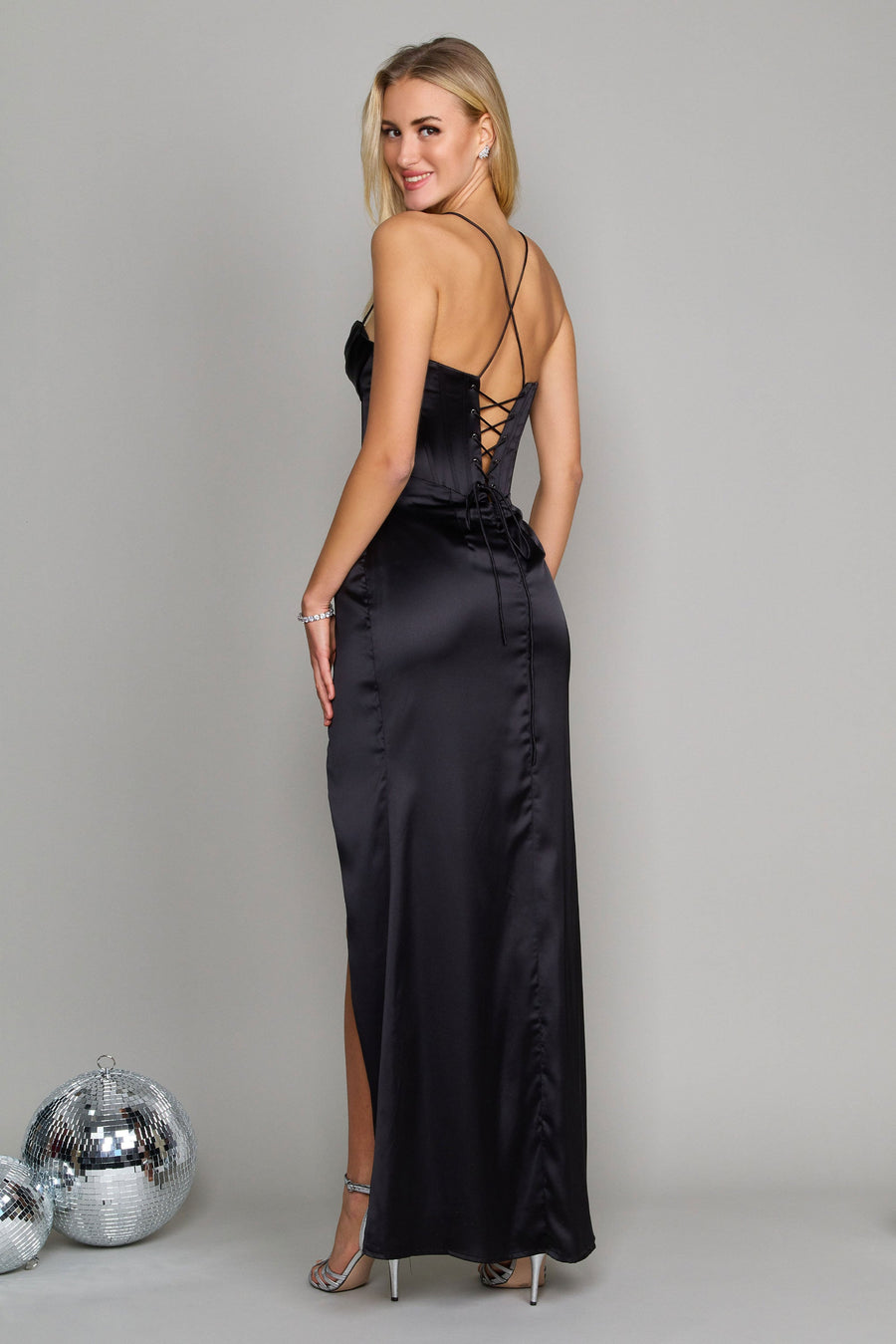 Dylan & David Draped Corset Cowl Long Prom Dress Black