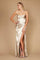 A stunning champagne-colored prom dress featuring a draped corset design and a flowing cowl neckline, elegantly cascading to the floor.