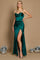 A stunning emerald green long prom dress featuring a draped corset design and a flowing cowl neckline, elegantly cascading to the floor.