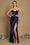 A stunning navy long prom dress featuring a draped corset design and elegant cowl neckline, perfect for a formal evening event.