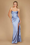 A stunning periwinkle blue long prom dress featuring a draped corset design and elegant cowl neckline, perfect for a formal evening event.