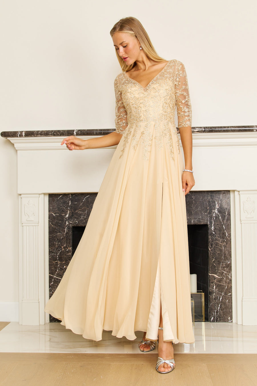 Mother of the Bride Dresses Long Sleeve Chiffon Formal Evening Dress Gold